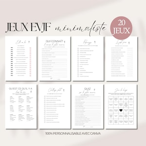 Jeux EVJF Thème minimaliste | Pack 20 jeux Evjf en français | Animations EVJF | Kit EVJF à imprimer | Personnalisable sur Canva