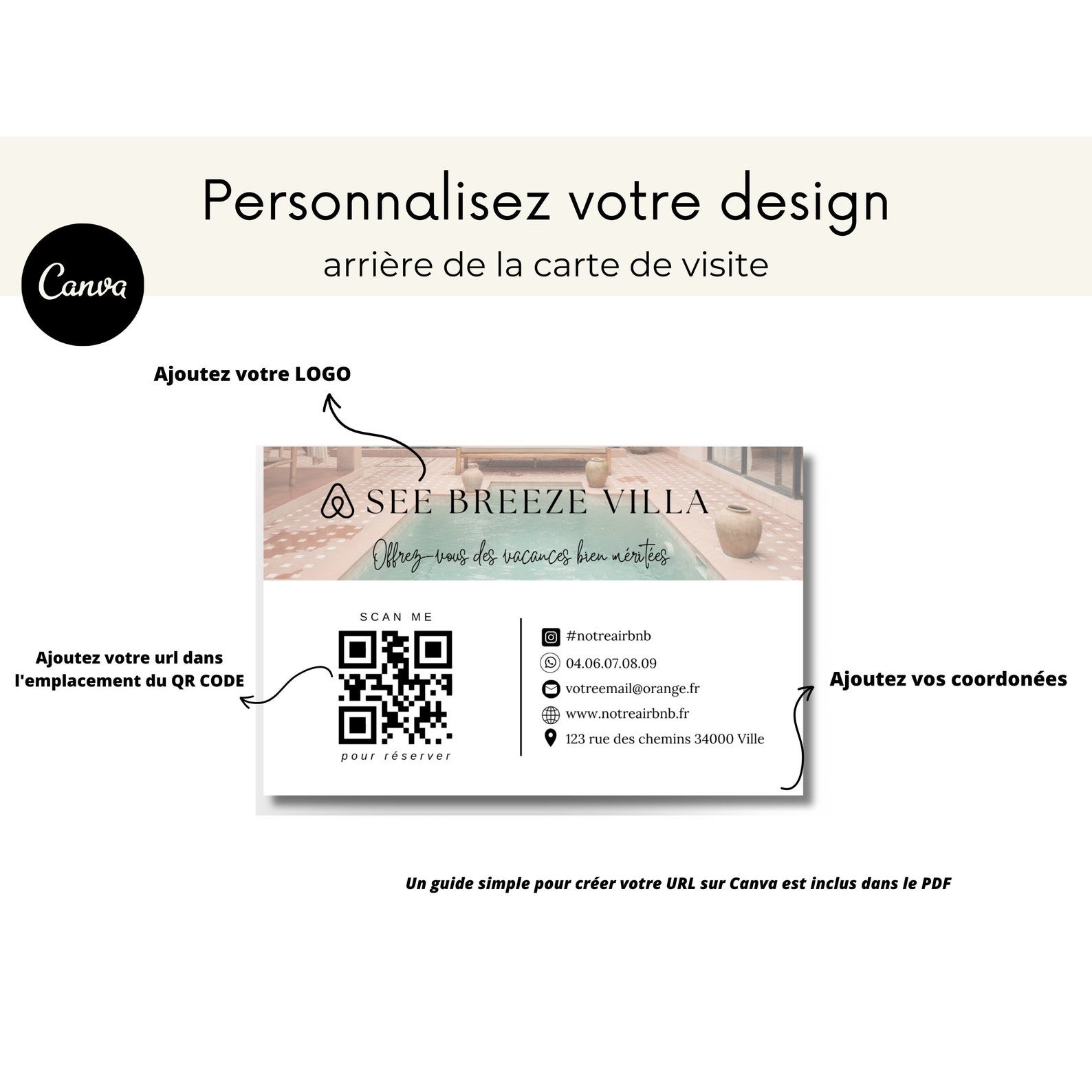 AIRBNB Carte de visite Airbnb location saisonnière avec emplacement QR code, pour une