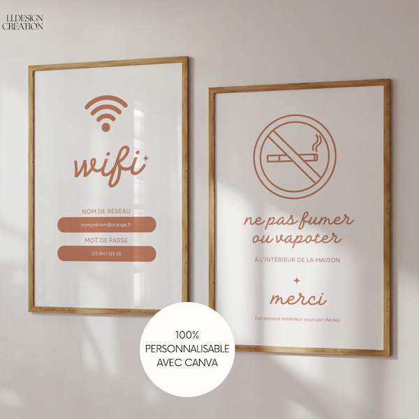Affiche Ne pas fumer ou vapoter et Affiche Wifi personnalisable sur Canva, Airbnb, modèles aux formats A4 pour location saisonnière