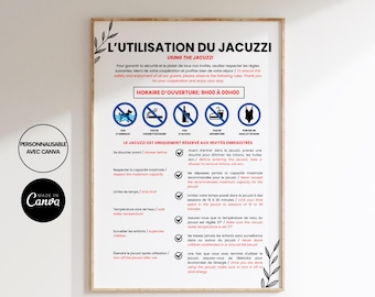Jacuzzi Instructions Poster Seasonal Rental, Airbnb French English, Spa Safety to personalize on Canva