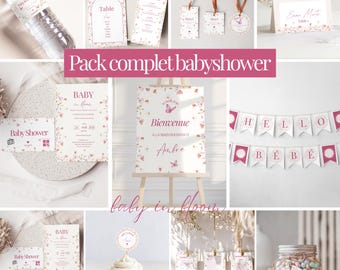 Complete customizable baby shower package on Canva: Baby in Bloom girl kit, French games, invitations, activities, flower decorations (PDF template)