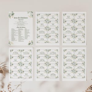May include: Printed cards and a list for a game, featuring French text and floral borders. The list is titled "Jeux des binômes" and includes game rules. The cards display names such as "Sherlock Holmes" and "Taylor Swift".