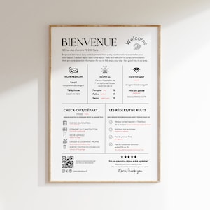Cartel de bienvenida de Airbnb personalizable en francés e inglés en Canva. Letrero de bienvenida para alquileres vacacionales.
