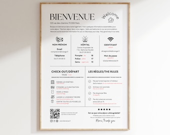 Affiche d'Accueil Airbnb en Français Anglais à personnaliser sur Canva, Panneau de bienvenue pour location saisonnière