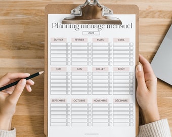 Planning ménage par mois en français | Checklist nettoyage | Affiche Pdf à imprimer ou utiliser avec une tablette| To do list de nettoyage