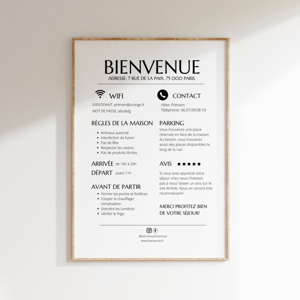 AIRBNB affiche bienvenue modèle en français, 3 formats, règles de la maison, panneau location saisonnière, gîtes, à personnaliser sur Canva