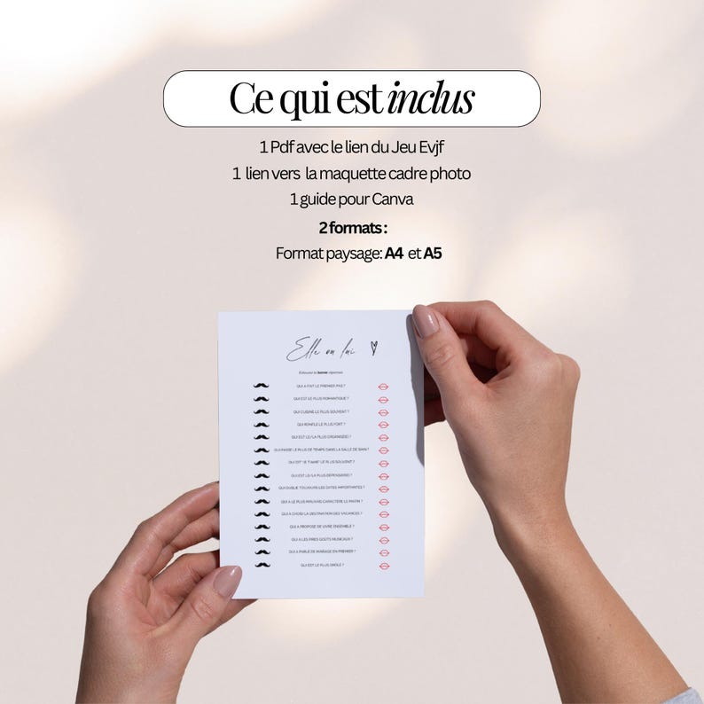 May include: A white card with the text "Elle ou lui" and a list of questions, held between two hands. The card has a mustache and lip graphic. Above the card is a white oval with the text "Ce qui est inclus".