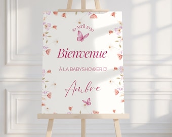 Baby Shower Welcome Poster - Baby in Bloom Theme (French) - Customizable and Printable Canva Sign | Baby Shower Decoration for a Girl