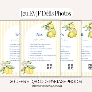 Jeu EVJF: Défis photos avec QR code | 30 challenges français à personnaliser et imprimer | Animation EVJF originale |Jeu bridal shower Canva