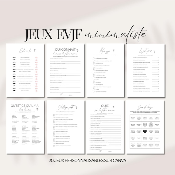 Jeux EVJF Thème minimaliste | Pack 20 jeux Evjf en français | Animations EVJF | Kit EVJF à imprimer | Personnalisable sur Canva