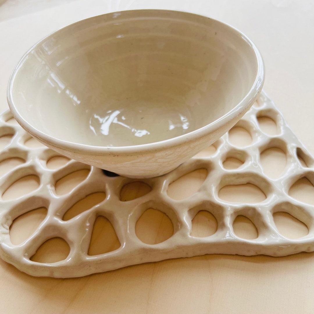 Dessous De Plat Vintage – Grès Du Marais Et Bois – France – Années 80 – Fait Main