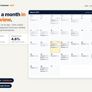 Calendrier de contenu pour les réseaux sociaux 2027, feuille de calcul de planification de contenu, planificateur de publications, calendrier de publication, suivi de l'engagement, Excel et Google Sheets