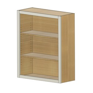 May include: A wooden bookcase with three shelves. The bookcase is light brown with a white trim. The shelves are empty.