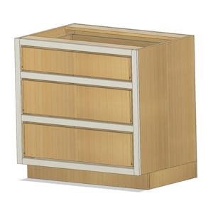 May include: A wooden cabinet with three drawers. The cabinet is made of light wood and has a white trim. The drawers are all closed.