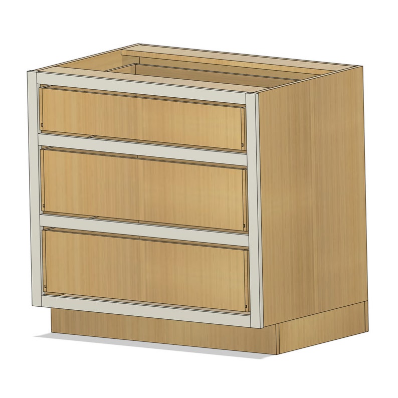 May include: A wooden cabinet with three drawers. The cabinet is made of light wood and has a white trim. The drawers are all closed.