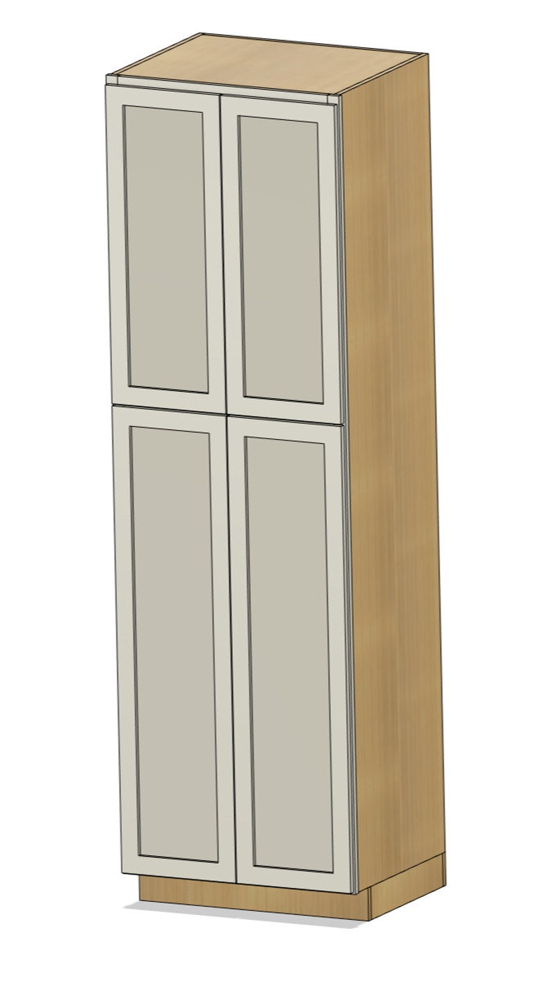 May include: Tall, light-colored kitchen cabinet with four doors. The doors are a light beige color with white trim. The sides of the cabinet are a light wood grain. The cabinet is designed to be a pantry or storage unit.