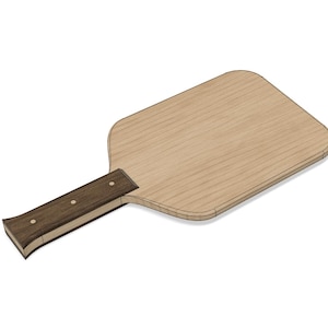 May include: A wooden paddle with a dark brown handle. The paddle is light brown and has a rounded shape.