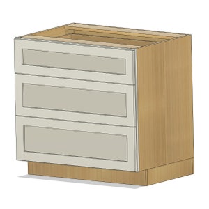 Könnte beinhalten: Ein weißer Küchenschrank mit drei Schubladen, jede mit einer Glasfront. Der Schrank ist aus Holz und hat eine helle Holzoptik.