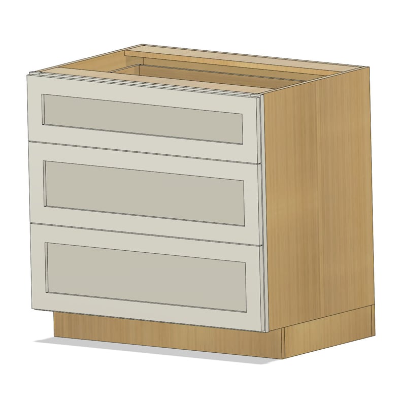 May include: A white kitchen cabinet with three drawers, each with a glass front. The cabinet is made of wood and has a light wood finish.