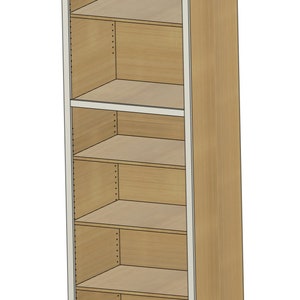 May include: Tall, narrow wooden bookcase with five shelves. The bookcase has a light wood grain finish with white trim around the edges. The shelves are adjustable, with pre-drilled holes visible along the sides.