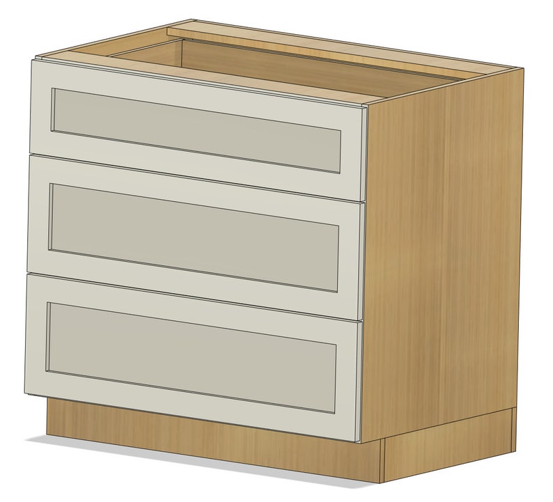 Op de afbeelding: Een witte keukenkast met drie lades, elk met een glazen front. De kast is gemaakt van hout en heeft een lichte houtkleur.