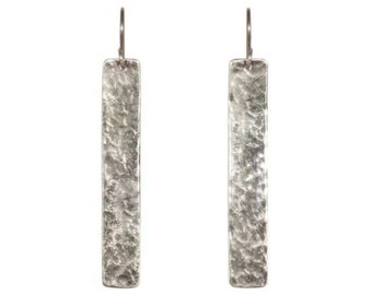 Silver Plated Hammered Brass Earrings | Rectangular Bar Earrings | Brass Bar Earrings | Horizon Earrings