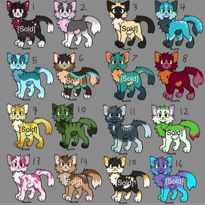 Peut inclure: Une illustration numérique de 16 dessins de chats, chacun avec un schéma de couleurs et des marques uniques. Certains des chats sont marqués comme "Vendu".