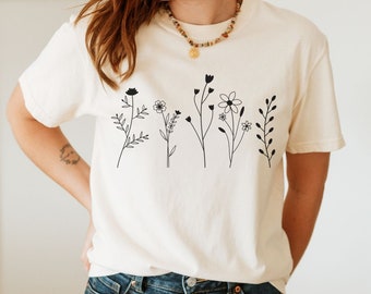 Floral Comfort Colors T-Shirt, Simple Botanical Design