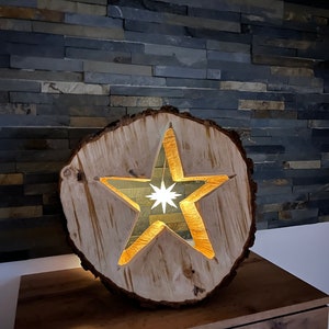 Wooden star, Christmas star natural, handmade with Herrnhut miniature star