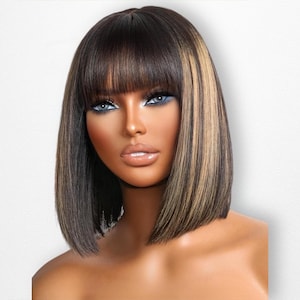 100% Human Hair Glueless Yaki Straight Bob Highlight Blonde Wig Bob HD Lace Scalp Illusion Women’s Hair inch