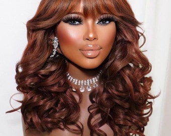 Fringe Bang Bouncy Full Yaki Texture Curly Voluminous Synthetic Wig Ginger Brown Dark Root Shadow High Quality Women Hair