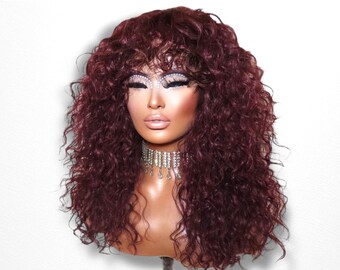 Remy Human Hair Blend Big Shaggy Voluminous Auburn Ginger Red Brown Blonde Wig w/ Bangs Faux Lace Scalp Natural Hair Curly 20 Inches