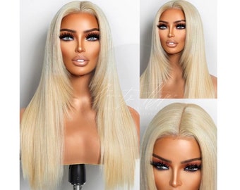 613 Blonde Remy Human Hair Synthetic Blend Straight Middle Part Lace Front Glueless 20 Inches Pre Plucked Natural Layered Cut