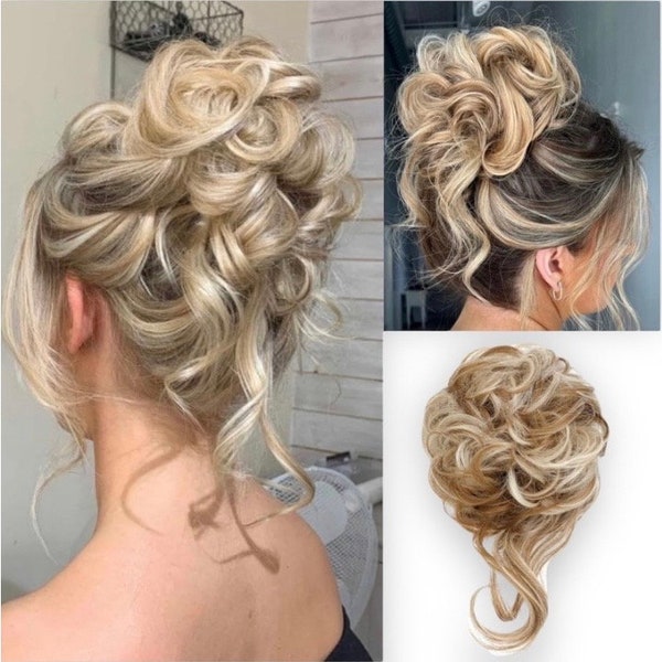 13 COLORS Messy Curly Stretchy Chignon Bun Updo Hair Extension with Touseled Drop Wedding Formal Accessory Blonde Brown Black Auburn Red