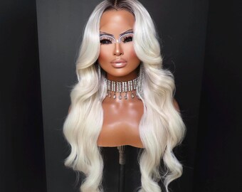 30 Inch Wavy Ash Cool Blonde w/ Dark Root Lace Front Wig Middle Part Wig Pre Plucked Synthetic Natural Look Ombre Frontal