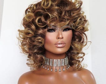 Curly Fluffy Afro Bob Ombre Honey Blonde Light Brown Highlight Wig Big Full Hair Women’s Wig