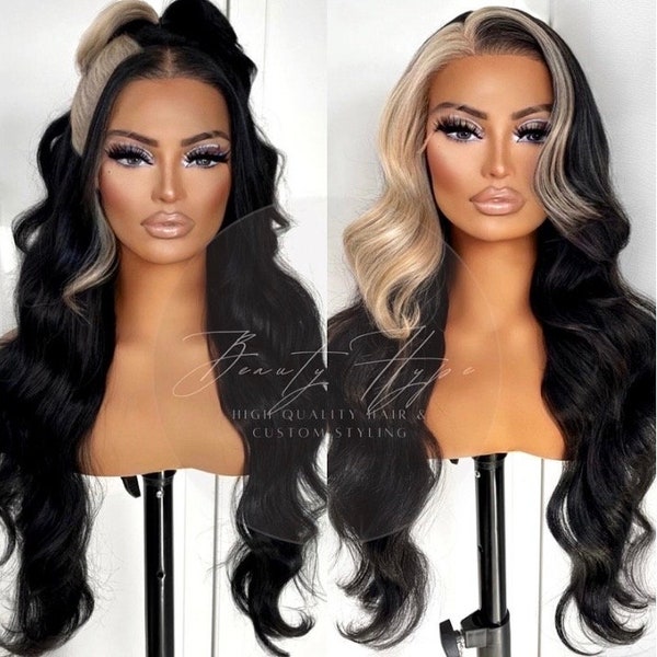 Skunk Stripe Lace Front Wigs Pre Plucked Synthetic Body Wave Black & Blonde Long Curls Waves