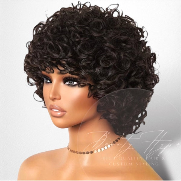 Soft Bouncy Human Hair Wig Short Curly Bob Bangs Natural Color 1B Black