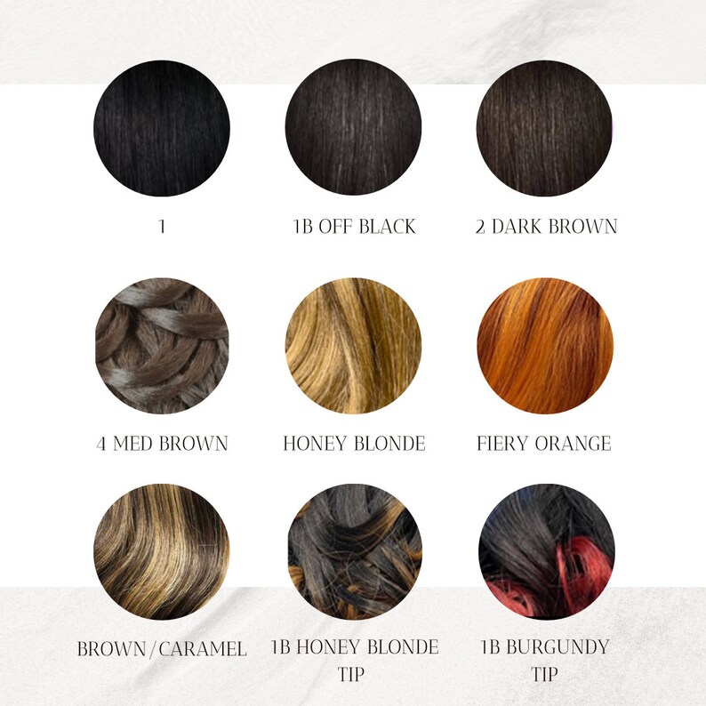 May include: Nine color swatches of human hair extensions, including black, brown, blonde, and orange. The swatches are labeled with numbers and color names.