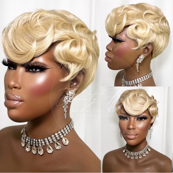 Lace Part Short Wig Blonde Curly Cute Tapered Pixie Cut Mommy Finger Wave Wig Womens Hair Etsy