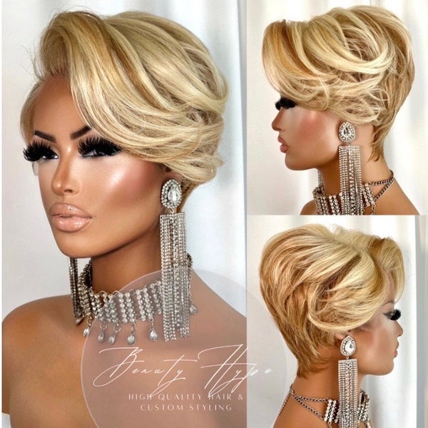 8 COLORS Customized Honey Blonde/613 Highlight Short Textured Pixie Cut Lace Frontal 13X6 Realistic Natural Every Day Wear Pre Plucked