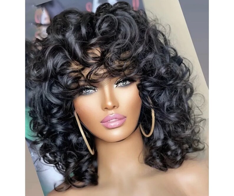 Human Hair Wig Curly Bob Afro Bang Natural Color 820 Inches Etsy