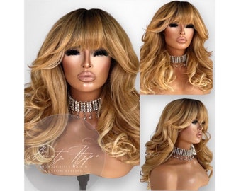 Fringe Bang Bouncy Full Yaki Texture Curly Voluminous Synthetic Wig Honey Blonde Brown Jet Black Ginger Root Shadow High Quality Women Hair