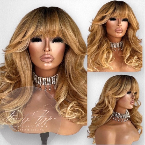 Fringe Bang Bouncy Full Yaki Texture Curly Voluminous Synthetic Wig Honey Blonde Brown Jet Black Ginger Root Shadow High Quality Women Hair