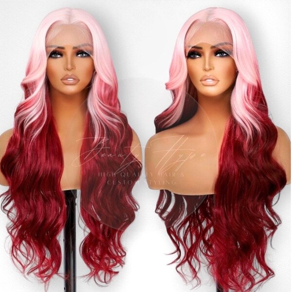 28 Inch Wavy Ombre Pink & Red Lace Front Wig Middle Part Wig Pre Plucked Synthetic Natural Look Frontal