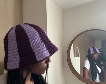 Purple Stripe/Checkered Bucket Hat, Handmade, Crochet [Ready To Ship]