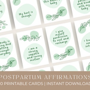 30 carte di affermazione postpartum / Download istantaneo / Affermazioni postpartum con ciottoli verdi calmanti / Regalo per la nuova mamma