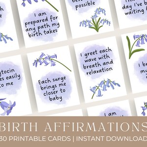 Affirmations de naissance imprimables | Téléchargement instantané | 30 cartes de naissance de printemps | Cartes d'accouchement hypnotique Bluebell | PDF imprimable