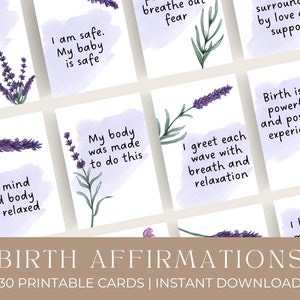 Cartes d'affirmation de la naissance | 30 affirmations de naissance imprimables | Téléchargement instantané | Cartes de naissance lavande | Cartes d'accouchement hypnotique | PDF imprimable