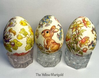 Set of 3 Small Decoupage Easter Eggs- Bunny and Floral Motif